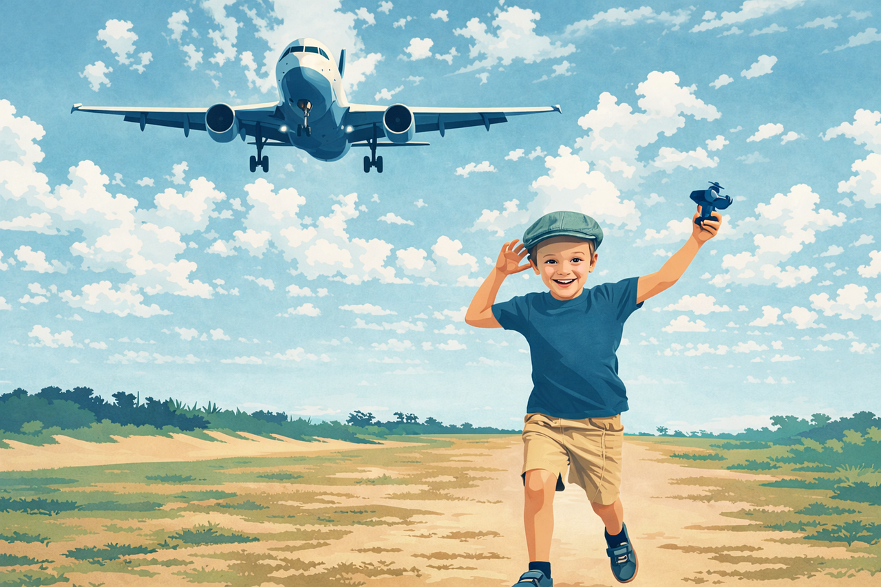 Childhood dream concept Boy playing airplane Aviation dream