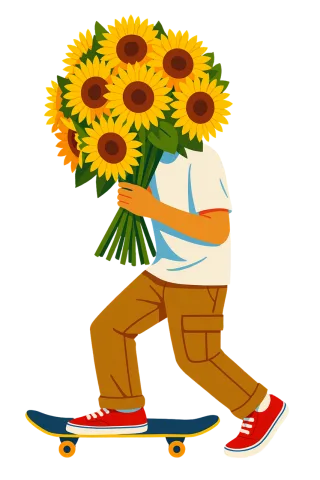 Skateboarder Sunflowers bouquet Cartoon character Stickdatei