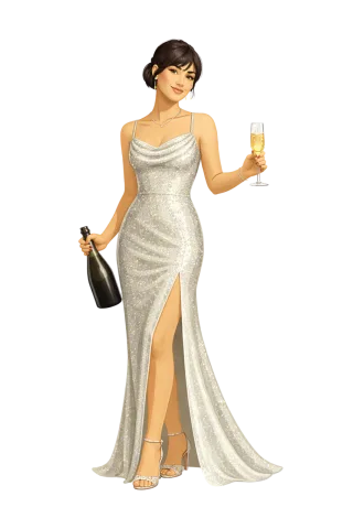 Elegant woman Champagne celebration Evening gown Stickdatei