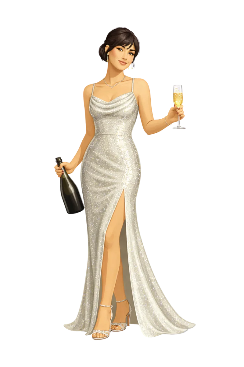 Elegant woman Champagne celebration Evening gown Stickdatei – Herzen & Liebe