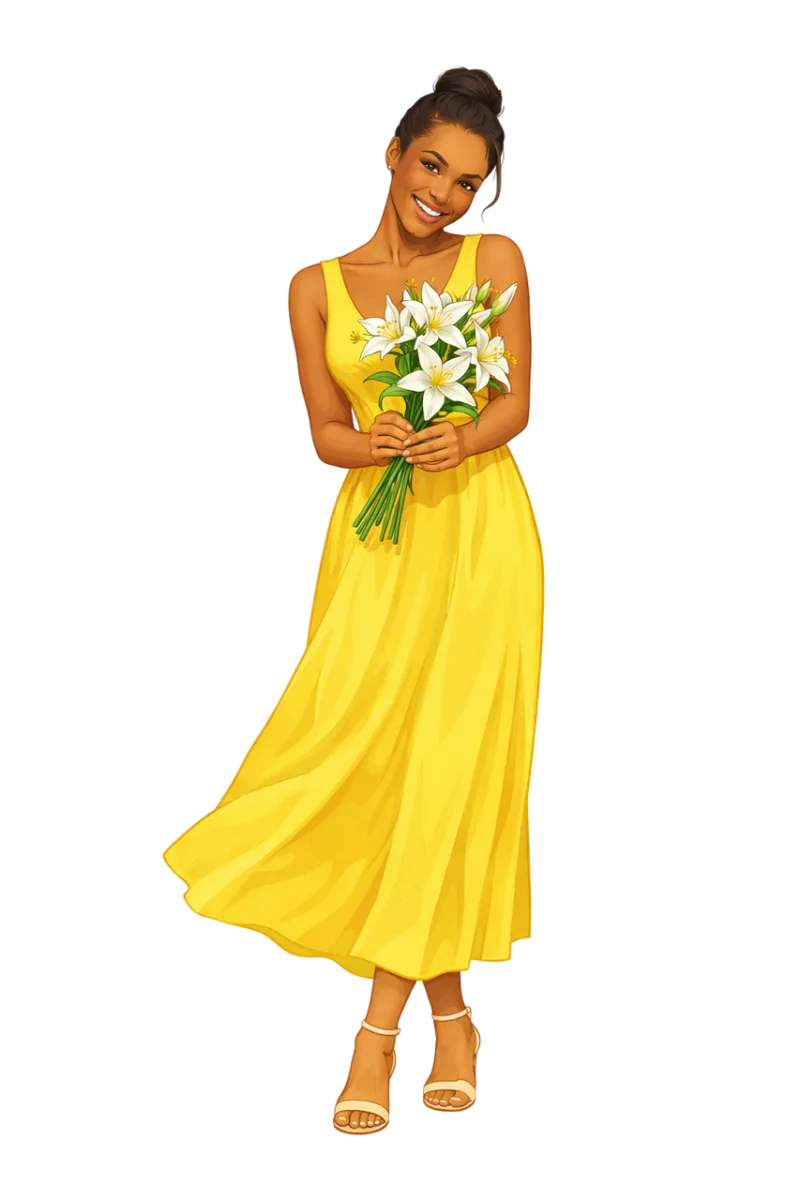 Fashion illustration Elegant woman Yellow dress Stickdatei – Blumen