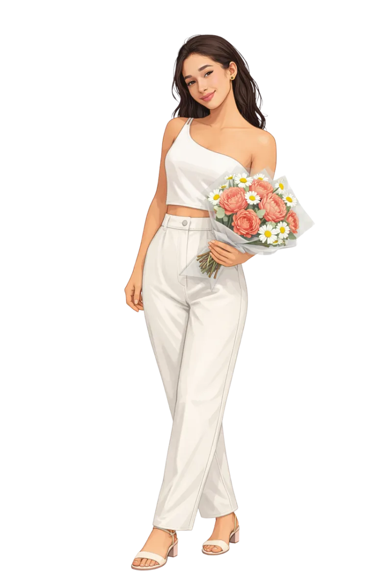 Fashion illustration Elegant woman White outfit Stickdatei – Blumen