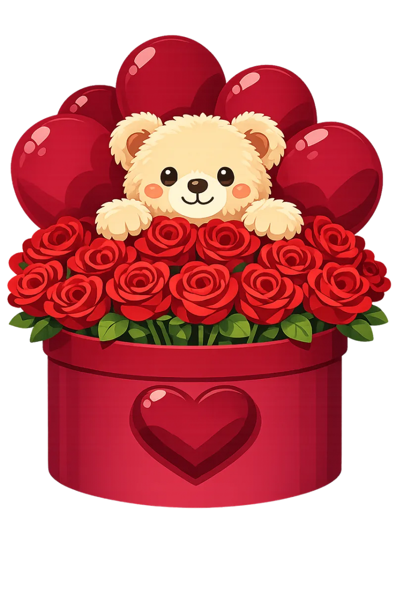 Teddy bear Rose box Red roses Stickdatei – Herzen & Liebe