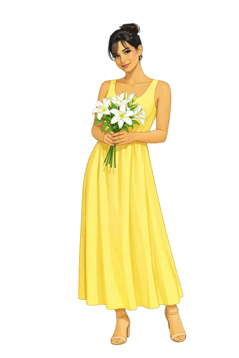 Woman Yellow dress Floral bouquet Stickdatei – Blumen
