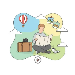 Travel planning illustration Vacation preparation Suitcase and map Stickdatei