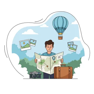 Travel planning illustration Traveler with map Suitcase travel Stickdatei