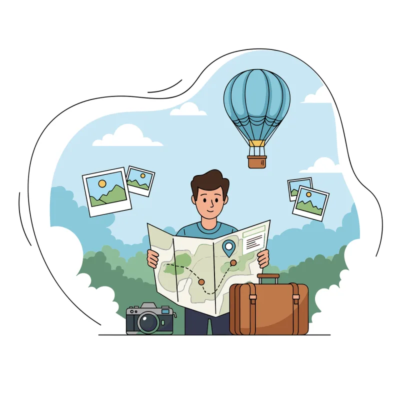 Travel planning illustration Traveler with map Suitcase travel Stickdatei – Fahrzeuge