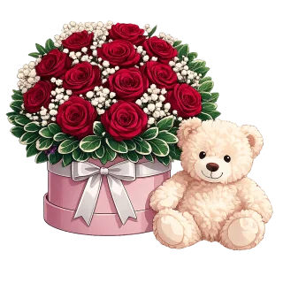 Gift box with roses Teddy bear and flowers Opera burgundy roses Stickdatei