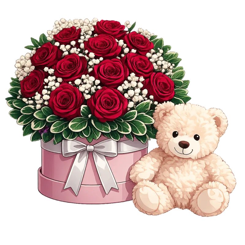 Gift box with roses Teddy bear and flowers Opera burgundy roses Stickdatei – Herzen & Liebe