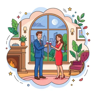 Romantic evening Couple toast Wine glasses Stickdatei