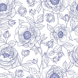 Blue floral pattern Vintage flower illustration Botanical line art Stickdatei