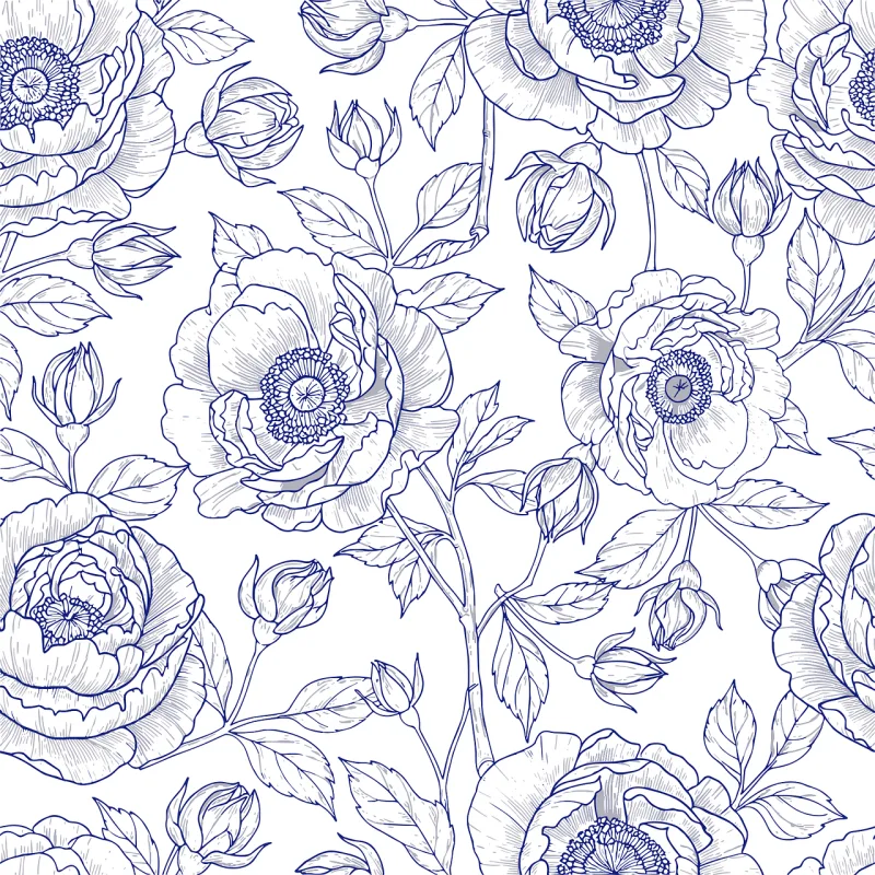 Blue floral pattern Vintage flower illustration Botanical line art Stickdatei – Blumen