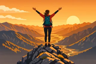 Mountain hiker Hiking success Woman on mountain peak Stickdatei