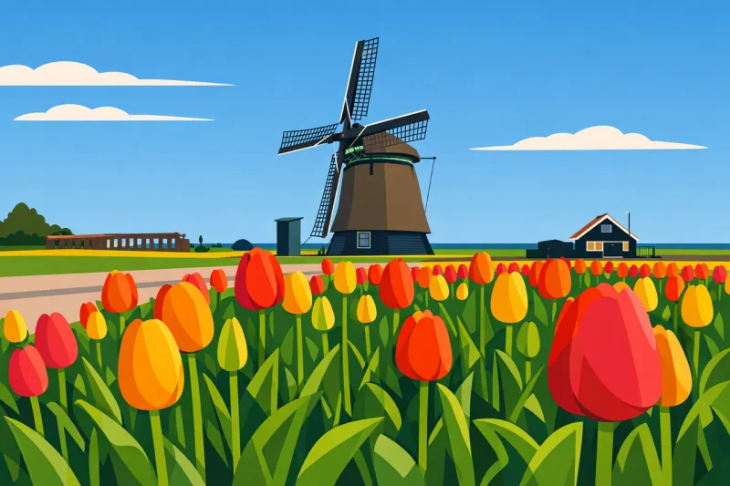 Netherlands Dutch windmill Tulips Stickdatei – Blumen