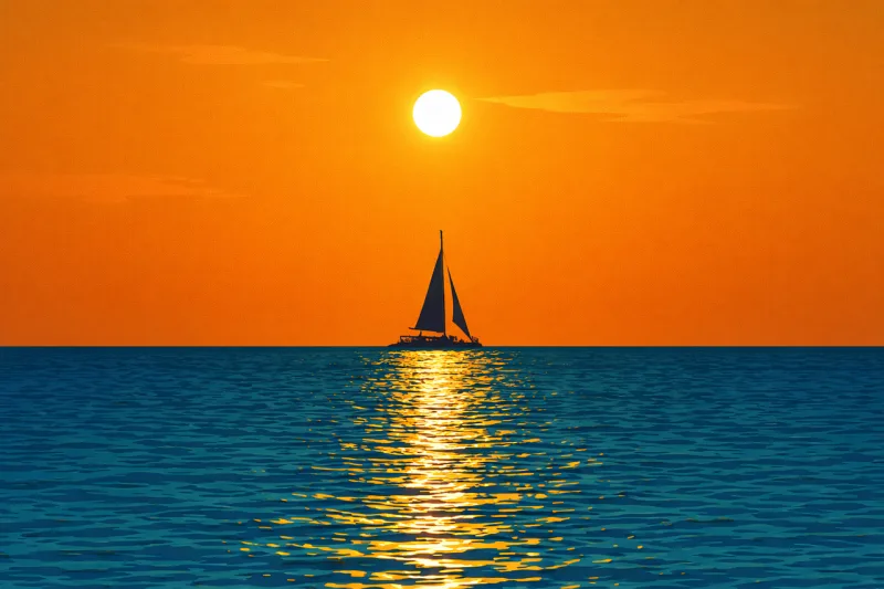 Sailboat sunset Sailing boat silhouette Ocean sunset scene Stickdatei – Fahrzeuge