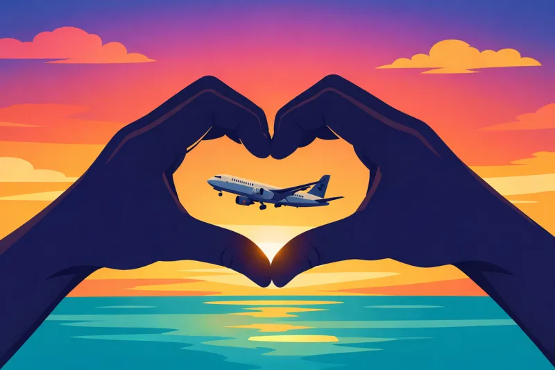 Travel love concept Airplane sunset sky Hands heart shape Stickdatei – Fahrzeuge