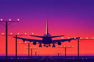 Airplane landing Aircraft landing runway Airplane sunset sky Stickdatei