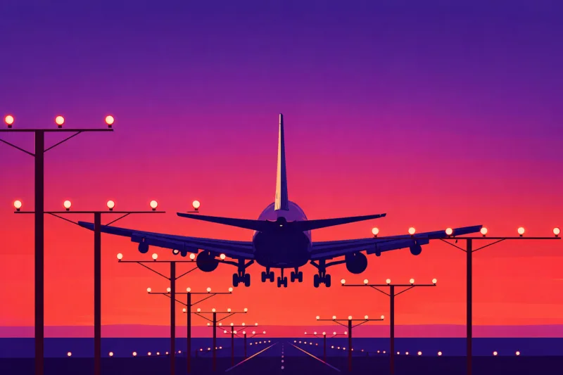 Airplane landing Aircraft landing runway Airplane sunset sky Stickdatei – Fahrzeuge