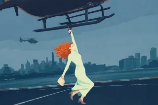 Helicopter rescue scene Woman hanging helicopter Urban emergency concept Stickdatei