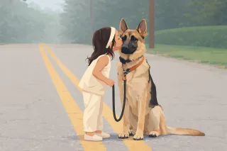 Child with dog Girl kissing dog German shepherd dog Stickdatei