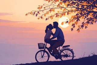 Couple on bicycle Romantic couple Kissing silhouette Stickdatei