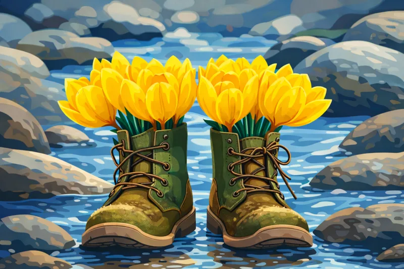 Flowers in boots Yellow tulips boots Creative gardening concept Stickdatei – Blumen