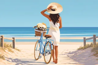 Woman Bicycle Beach Stickdatei