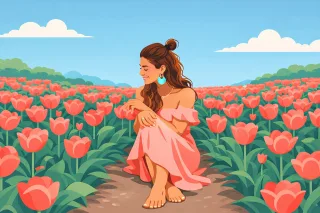 Spring Tulip field Woman Stickdatei