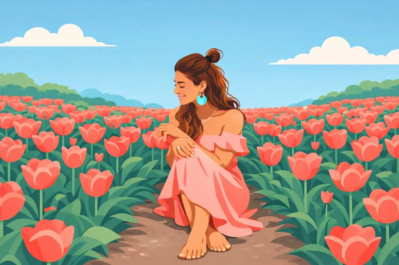 Spring Tulip field Woman Stickdatei – Blumen
