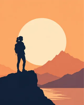 Woman Hiking Sunset Stickdatei
