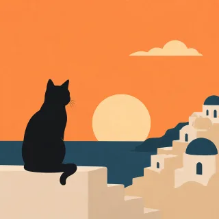Cat Sunset Santorini Stickdatei