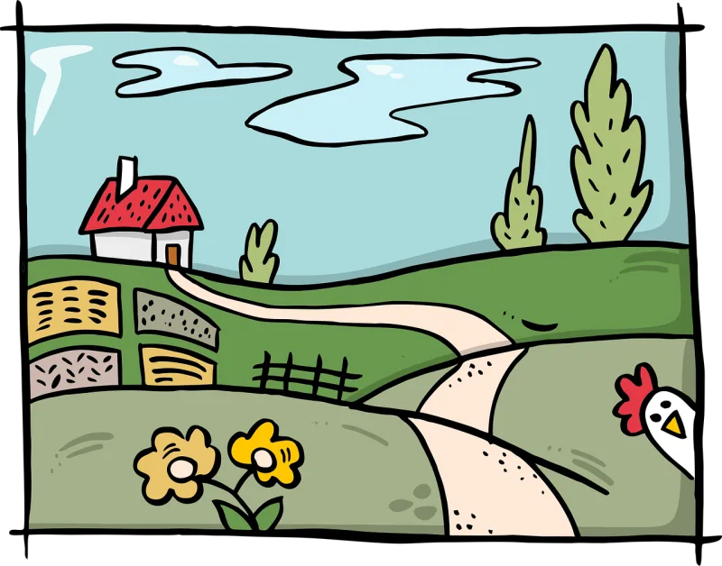 Painted landscape House Chicken Stickdatei – Natur