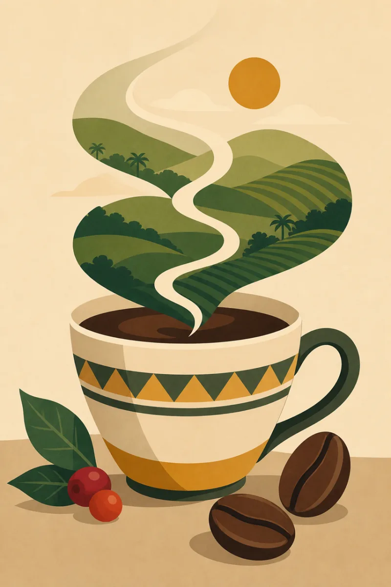 Coffee illustration Surreal landscape Green hills Stickdatei – Essen & Trinken