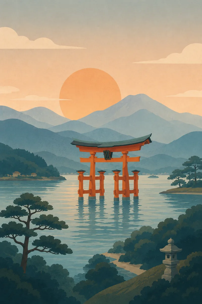 Japanese gate Calm water Layered mountains Stickdatei – Natur