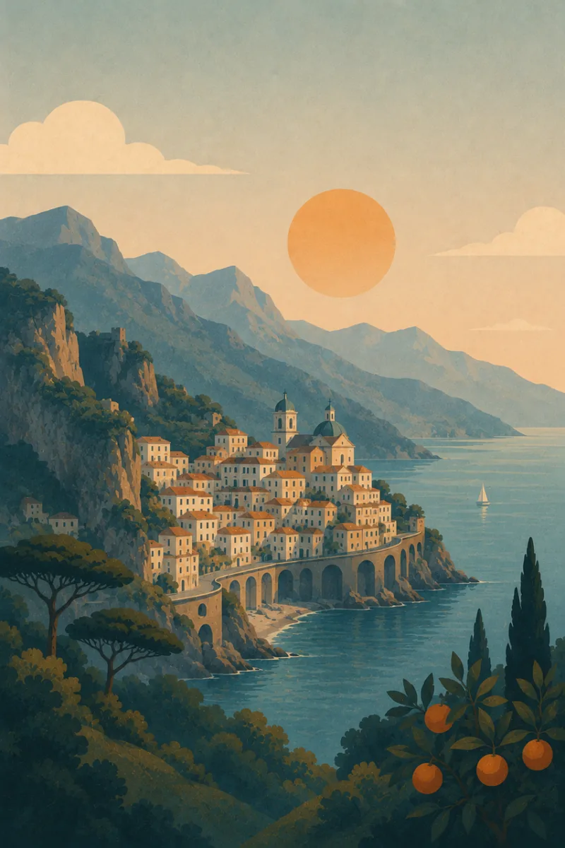 Medieval village Coastal town Sunset Stickdatei – Fahrzeuge