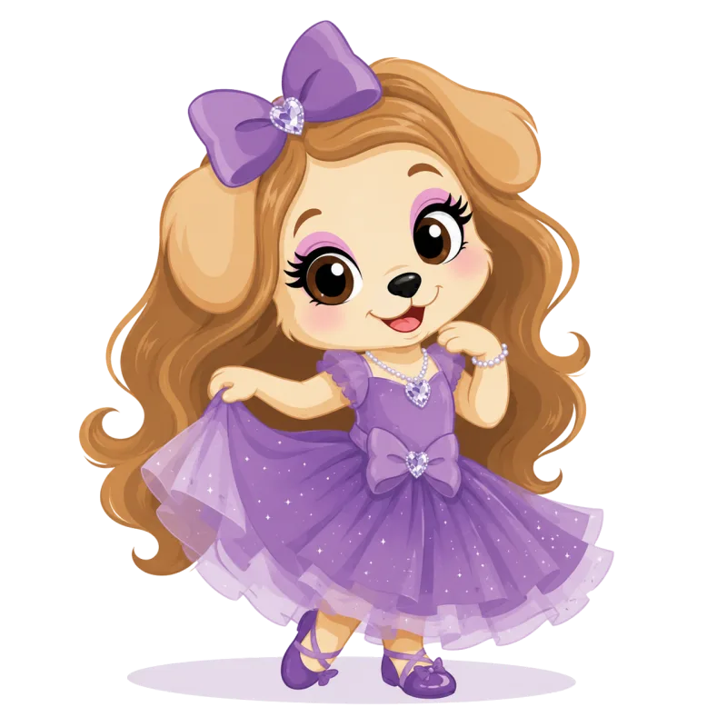 Cute puppy Princess dog Purple dress Stickdatei – Kinder
