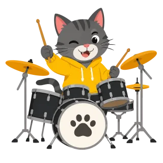 Drumming cat Yellow hoodie Cartoonist Stickdatei