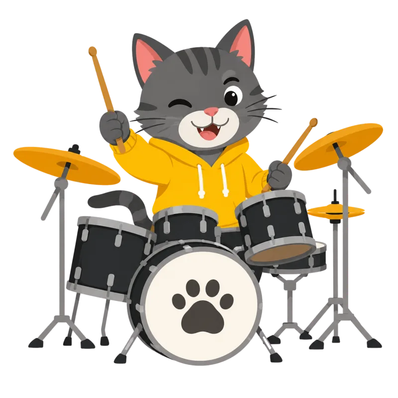 Drumming cat Yellow hoodie Cartoonist Stickdatei – Musik