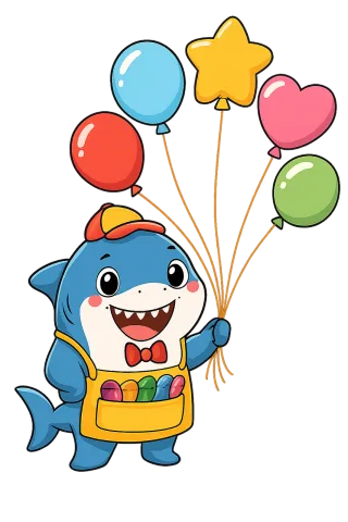 Shark mascot Balloon seller Cartoon shark Stickdatei – Kinder