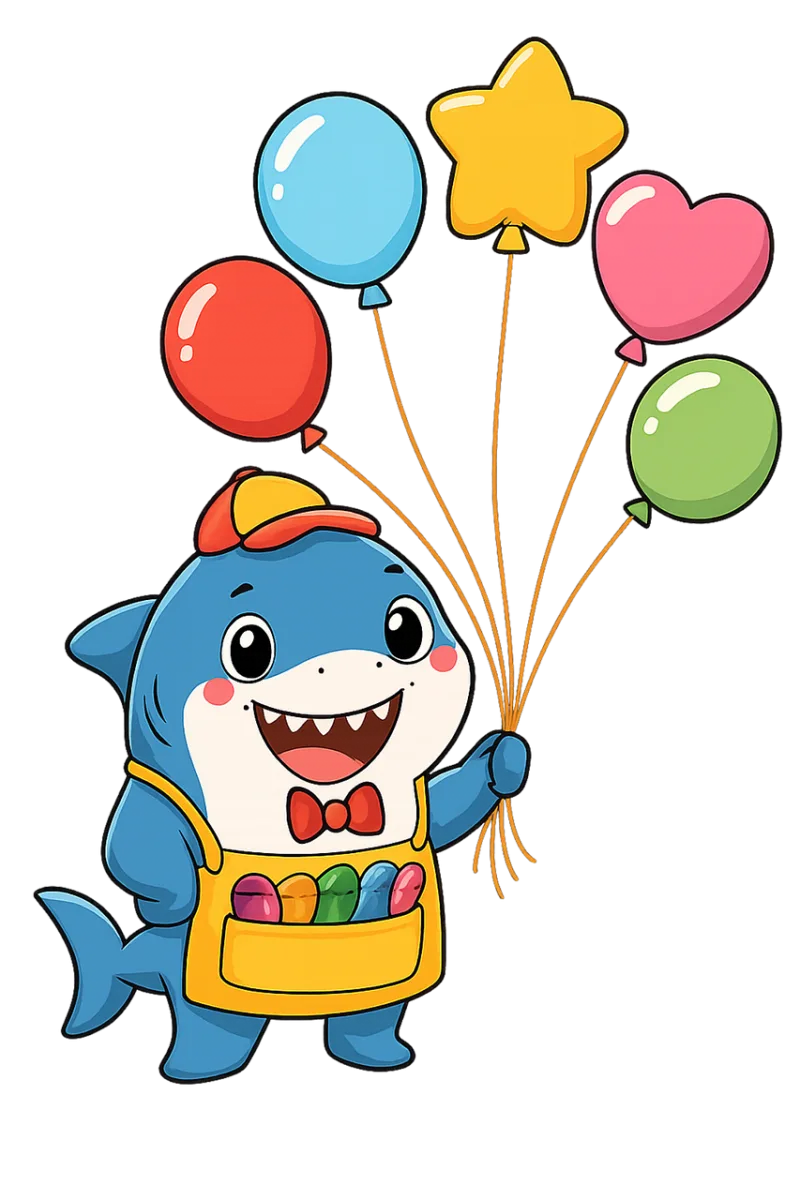 Shark mascot Balloon seller Cartoon shark Stickdatei – Kinder