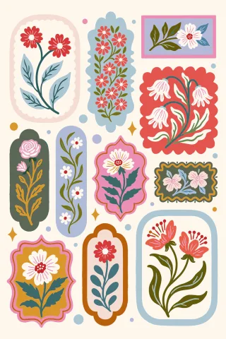 Floral stickers Botanical illustration Flower collection Stickdatei – Blumen