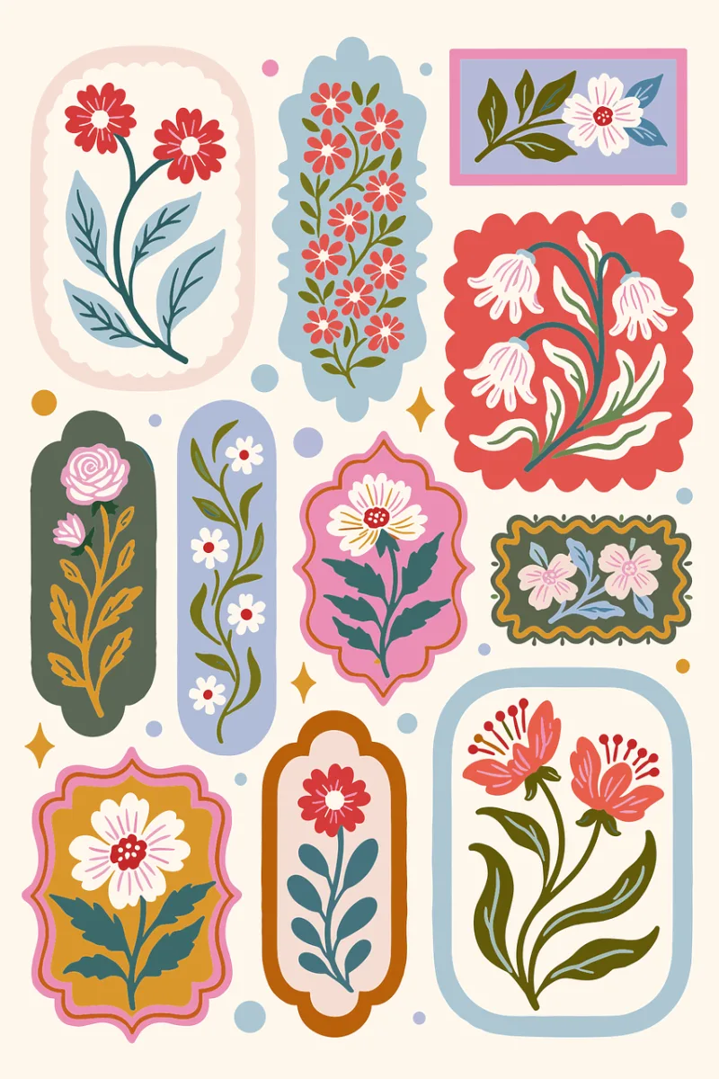 Floral stickers Botanical illustration Flower collection Stickdatei – Blumen