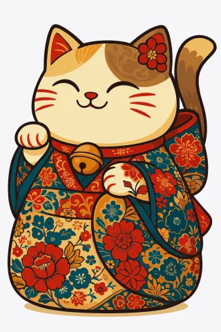 Lucky cat Japanese symbol Floral pattern Stickdatei