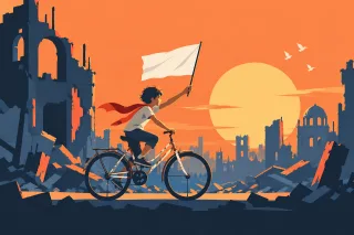 Boy on bicycle War ruins Destroyed city Stickdatei