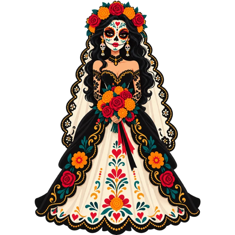 Day of the dead Calavera bride Sugar skull Stickdatei – Blumen