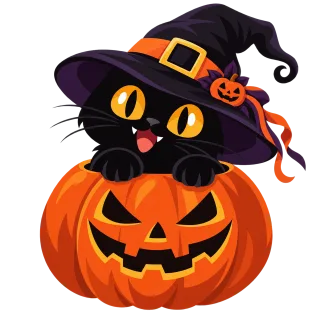 Black cat Witch hat Halloween pumpkin Stickdatei
