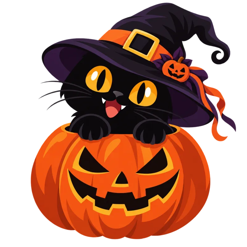 Black cat Witch hat Halloween pumpkin Stickdatei – Tiere