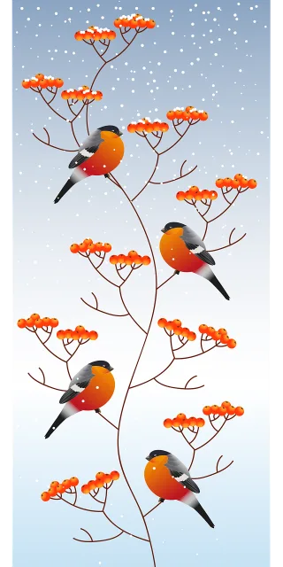 Bullfinch Birds Rowan berries Stickdatei