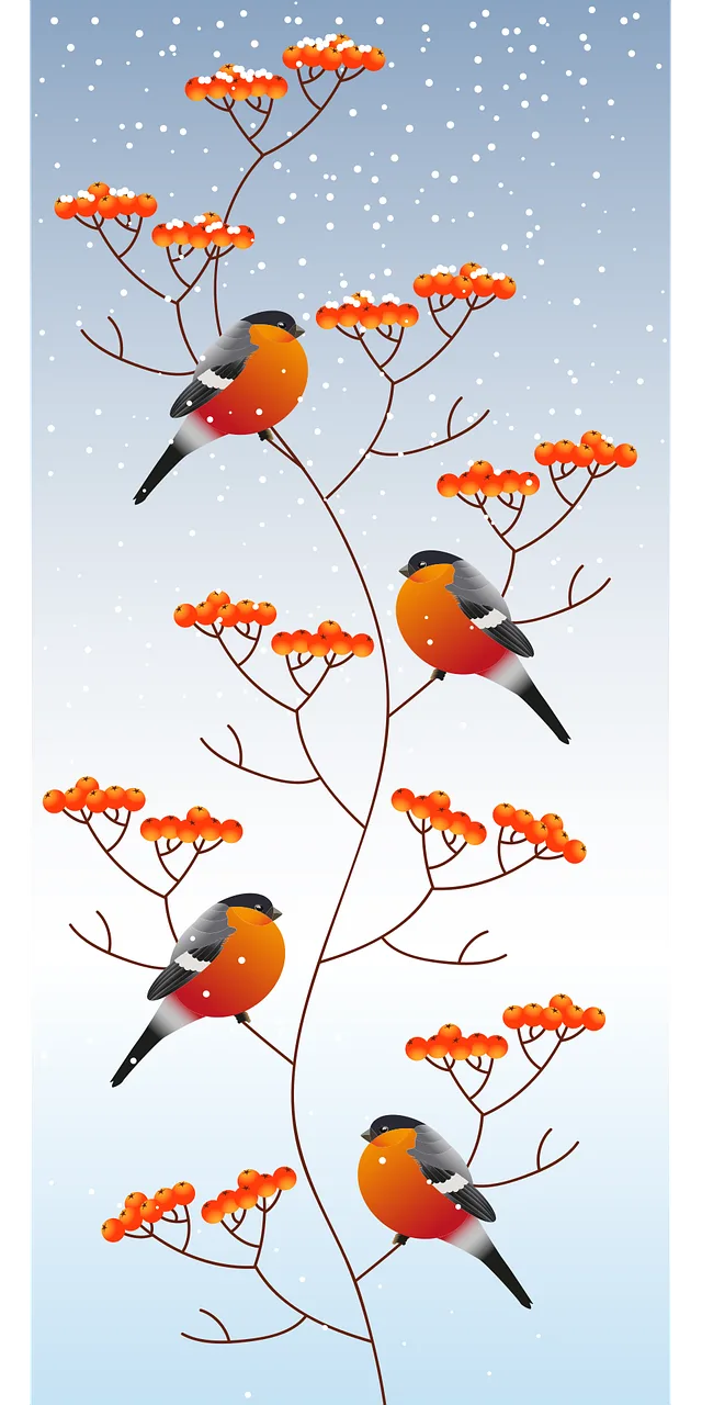 Bullfinch Birds Rowan berries Stickdatei – Natur