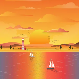 Sunset Sea Sailboats Stickdatei